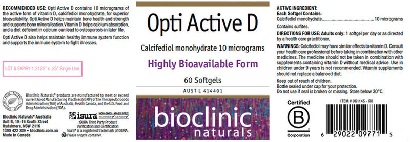 Bioclinic Naturals Opti Active D Softgels 60c