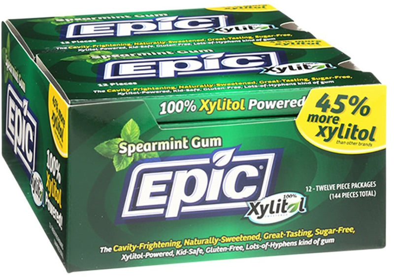 Epic Xylitol (Sugar-Free) Gum Spearmint 12 Piece Blister Pack x 12 Display