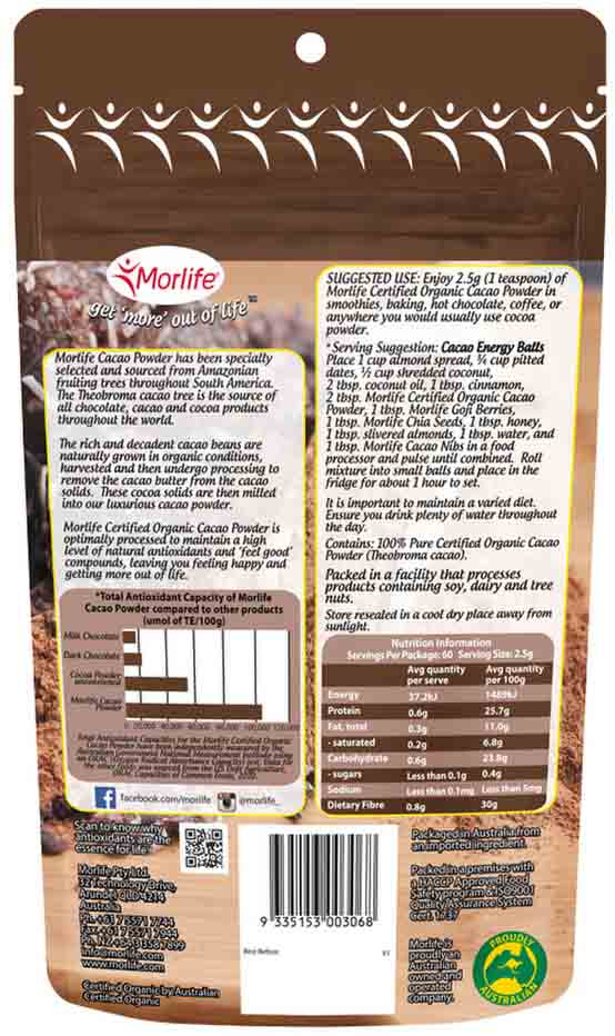 Morlife Organic Cacao Powder 150g