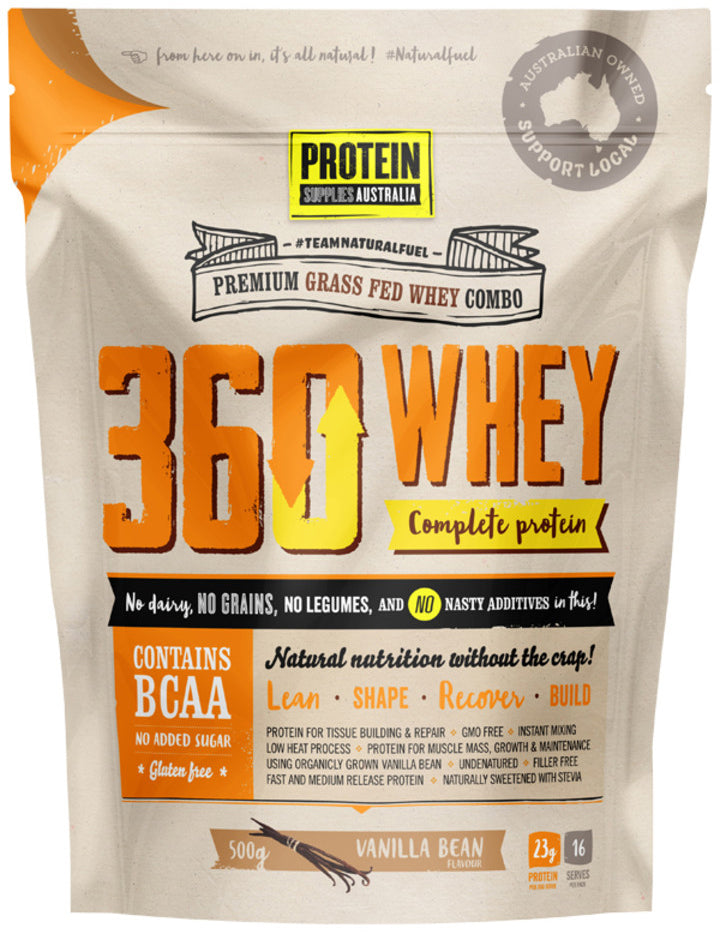 Protein Supplies Australia Protein 360 Whey (Complete Protein with BCAA) Vanilla Bean 500g