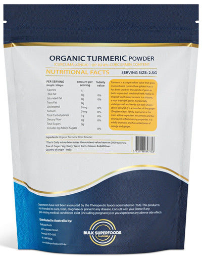 Organic Turmeric Powder 500g (6% Curcumin) by Bulk Superfoods